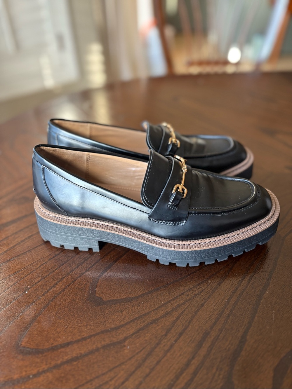 Sam Edelman Black Leather Lug Sole Loafers with Gold Bit - Picture 2 of 6